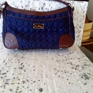 Vera Bradley,handbag,quilted,vintage,blue fabric with brown  accents.